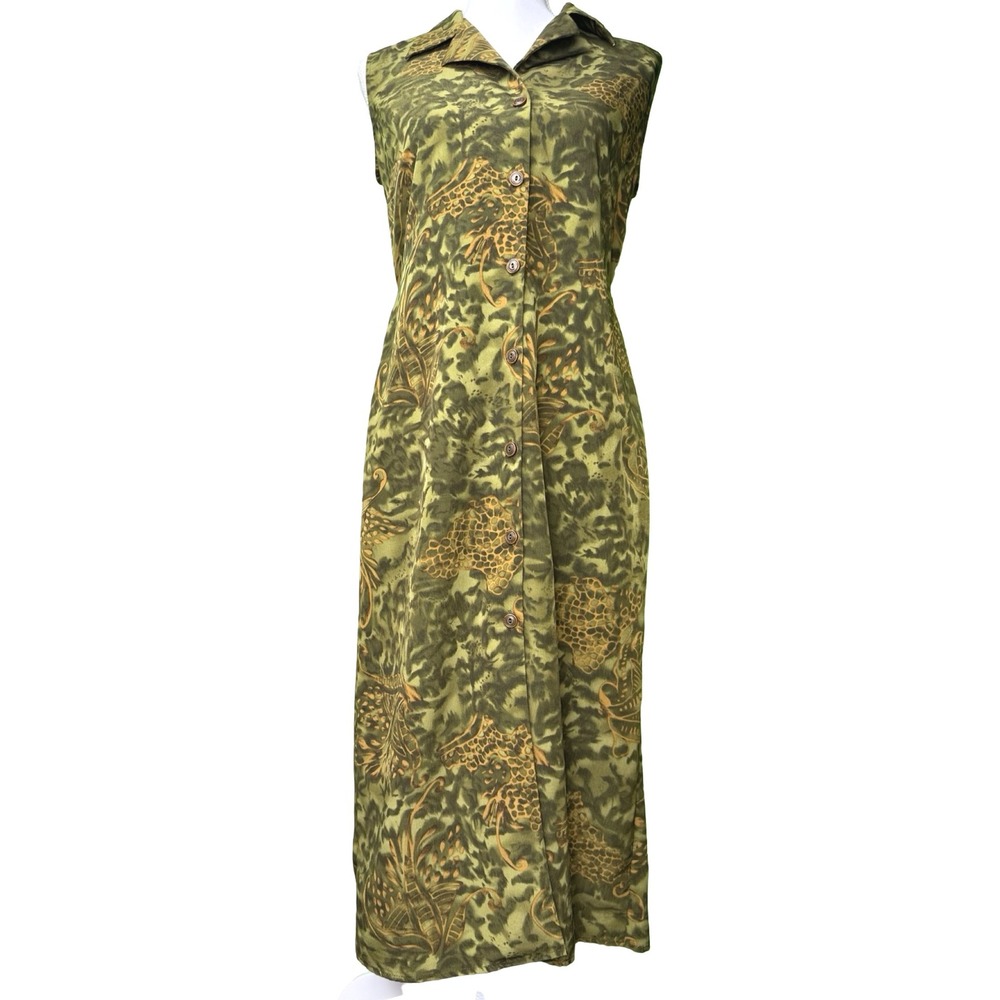 Safari Animal Print Maxi Dress‎ Womens Petite Small Green Button Front Y2K
